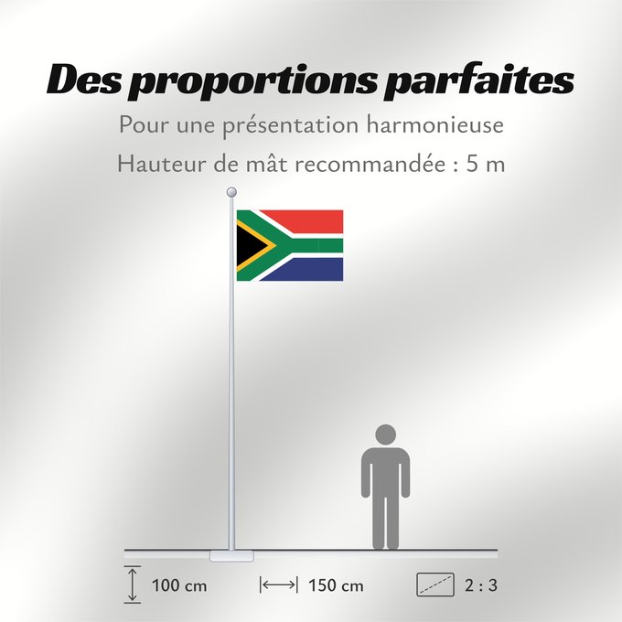 Proportions du drapeau : South Africa	Afrique du Sud	Sudáfrica	Südafrika	Sudafrica	South África Used color National flag | South African Government and Pantone Color Picker      green rendered as RGB 000 119 073Pantone 3415 C      yellow rendered as RGB 255 184 028Pantone 1235 C 