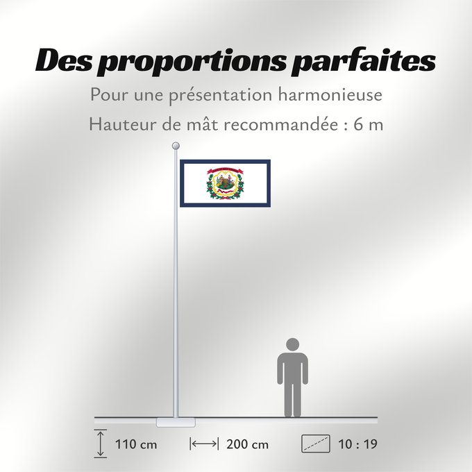 Proportions du drapeau : West Virginia Virginie-Occidentale Virginia Occidental Virginia Occidentale ᏫᏍᎧᏂᏏᏂ ᎦᏓᏘ Wilikinia Komohana Virginia Occidentalis Eʼeʼaahjí Bijiniyah Hahoodzo bidah naatʼaʼí Wescht Wirschini Флаг Западной Виргинии Застава Западне Вирџиније