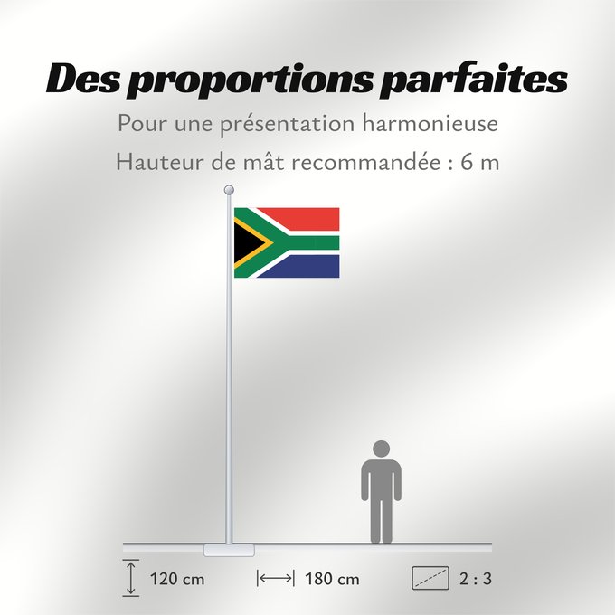 Proportions du drapeau : South Africa	Afrique du Sud	Sudáfrica	Südafrika	Sudafrica	South África Used color National flag | South African Government and Pantone Color Picker      green rendered as RGB 000 119 073Pantone 3415 C      yellow rendered as RGB 255 184 028Pantone 1235 C 