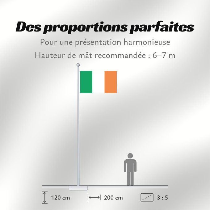 Proportions du drapeau : Ireland Note that the green portion of the flag was designed to represent the majority Catholic residents of the island La partie verte du drapeau représente la majorité catholique de l île Es notable el hecho que la parte verde de la bandera representa l