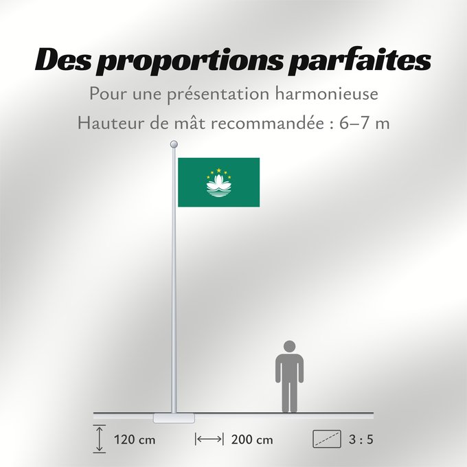 Proportions du drapeau : Macau Macao Região Administrativa Especial de Macau 澳門特別行政區區旗 / Ó̤-muòng Dĕk-biék Hèng-céng-kṳ̆ kṳ̆-gì Macaa 澳門特別行政區區旗 澳門特別行政區區旗 / Àu-mûn Thi̍t-phe̍t Hàng-tsṳn-khî khî-khì マカオの旗 Aumın 마카오의 旗 / 마카오의 기 澳門特別行政區之區旗 Флаг Макао Makao ئاۋمېن بايرىقى Прапор А