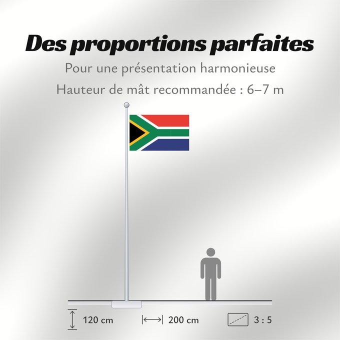 Proportions du drapeau : South Africa Afrique du Sud Sudáfrica Südafrika Sudafrica South África Used color National flag | South African Government and Pantone Color Picker green rendered as RGB 000 119 073Pantone 3415 C yellow rendered as RGB 255 184 028Pantone 1235 C