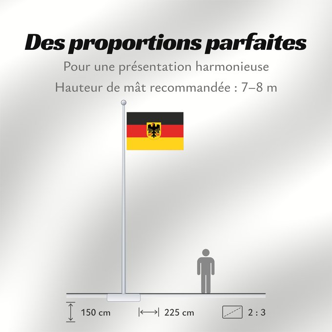 Proportions du drapeau : Germany  state	Bundesdienstflagge  Flag of the federal authorities of Germany	Allemagne	La Bundesdienstflagge está reservada para las autoridades federales alemanas	Die Bundesdienstflagge ist den deutschen Bundesbehörden vorbehalten	Germania