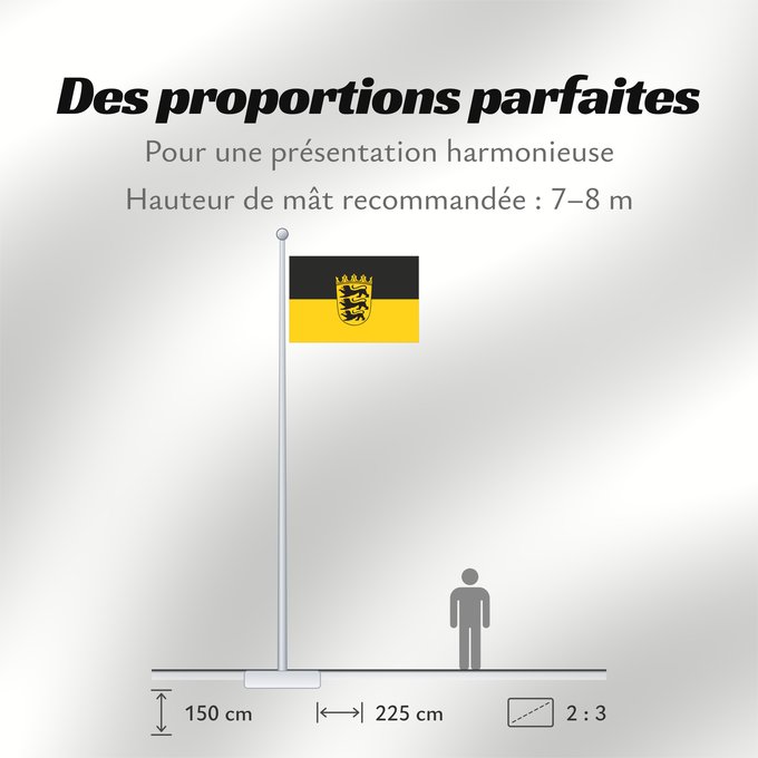 Proportions du drapeau : Baden-Württemberg state, lesser arms State flag with lesser arms of Baden-Württemberg Bade-Wurtemberg Baden-Wurtemberg[ Landesdienstflagge Baden-Württembergs mit kleinem Landeswappen Baden-Württemberg