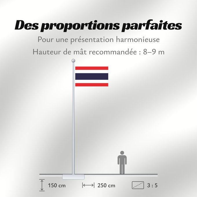 Proportions du drapeau : Thailand	The national flag of Kingdom of Thailand; there are total of 3 colours Red represents the blood spilt to protect Thailand’s independence and often more simply described as representing the nation	Thaïlande	Tailandia desde el año 2017; hay en tota