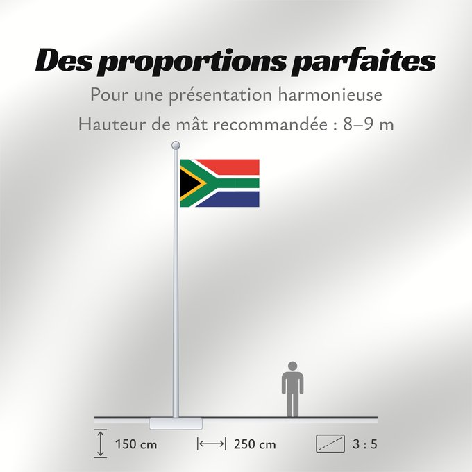 Proportions du drapeau : South Africa	Afrique du Sud	Sudáfrica	Südafrika	Sudafrica	South África Used color National flag | South African Government and Pantone Color Picker      green rendered as RGB 000 119 073Pantone 3415 C      yellow rendered as RGB 255 184 028Pantone 1235 C 