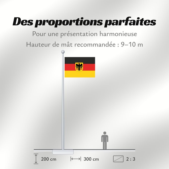 Proportions du drapeau : Germany  state	Bundesdienstflagge  Flag of the federal authorities of Germany	Allemagne	La Bundesdienstflagge está reservada para las autoridades federales alemanas	Die Bundesdienstflagge ist den deutschen Bundesbehörden vorbehalten	Germania