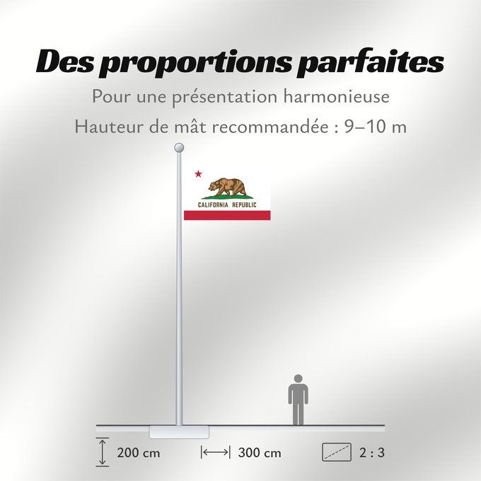 Proportions du drapeau : California Californie Kalifornien Californië ᎠᏕᎳᏧᏢᎢ ᎦᏓᏘ Ka hae Kaleponi דגל מדינת קליפורניה Californiae Ahééháshį́į́h Hahoodzo bidah naatʼaʼí Флаг Калифорнии Američke savezne države Kalifornije ⴰⵙⴻⵏⵢⴰⵍ ⵏ ⴽⴰⵍⵉⴼⵓⵕⵏⵢⴰ