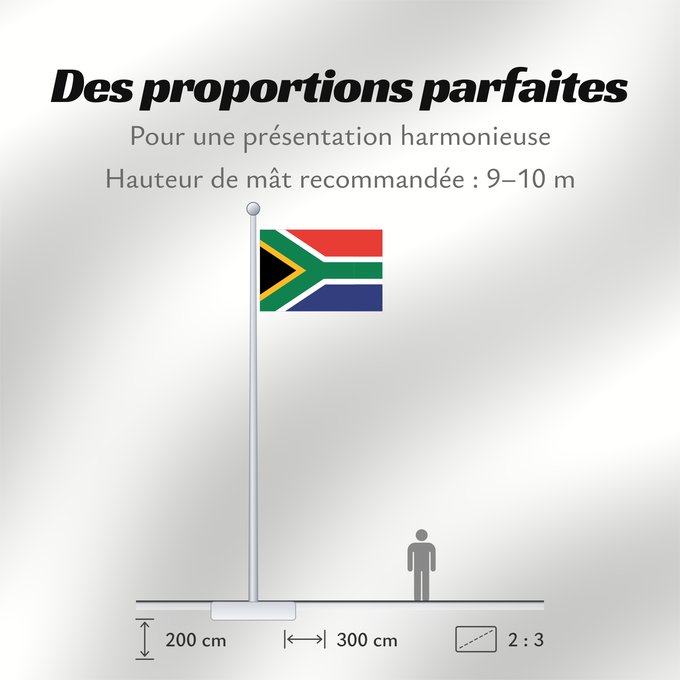 Proportions du drapeau : South Africa	Afrique du Sud	Sudáfrica	Südafrika	Sudafrica	South África Used color National flag | South African Government and Pantone Color Picker      green rendered as RGB 000 119 073Pantone 3415 C      yellow rendered as RGB 255 184 028Pantone 1235 C 