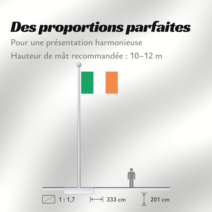 Proportions du drapeau : Ireland Note that the green portion of the flag was designed to represent the majority Catholic residents of the island La partie verte du drapeau représente la majorité catholique de l île Es notable el hecho que la parte verde de la bandera representa l