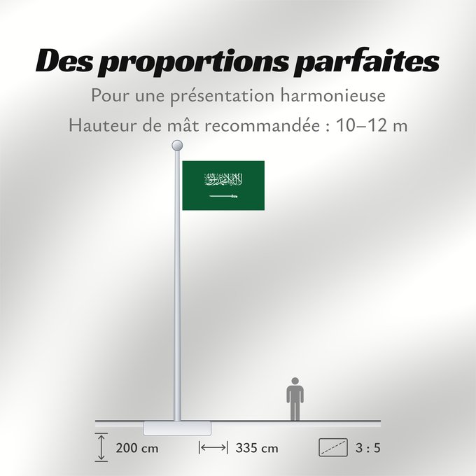 Proportions du drapeau : Civil Ensign of Saudi Arabia  obverse	Saudi Arabia	Arabie saoudite	Arabia Saudita	Saudi-Arabien	الشعار المدني في الأعلى على الركن الأيمن للعلم، ومعدل التناسب ٢ ٣