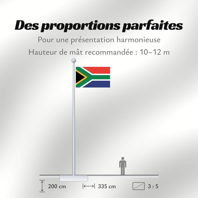 Proportions du drapeau : South Africa	Afrique du Sud	Sudáfrica	Südafrika	Sudafrica	South África Used color National flag | South African Government and Pantone Color Picker      green rendered as RGB 000 119 073Pantone 3415 C      yellow rendered as RGB 255 184 028Pantone 1235 C 