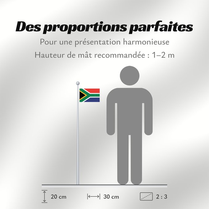 Proportions du drapeau : South Africa Afrique du Sud Sudáfrica Südafrika Sudafrica South África Used color National flag | South African Government and Pantone Color Picker green rendered as RGB 000 119 073Pantone 3415 C yellow rendered as RGB 255 184 028Pantone 1235 C