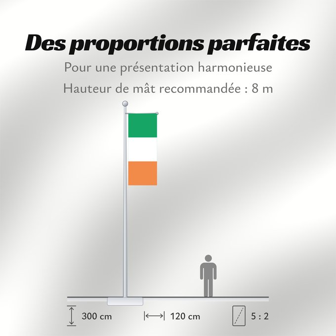 Proportions du drapeau : Ireland Note that the green portion of the flag was designed to represent the majority Catholic residents of the island La partie verte du drapeau représente la majorité catholique de l île Es notable el hecho que la parte verde de la bandera representa l