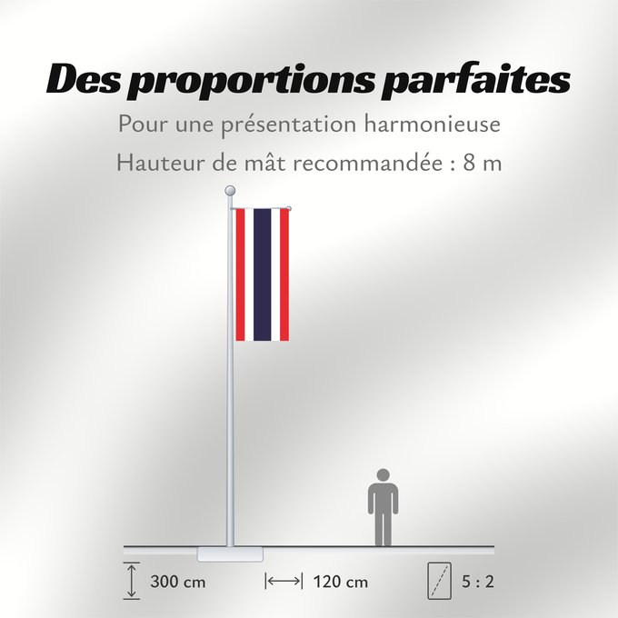 Proportions du drapeau : Thailand	The national flag of Kingdom of Thailand; there are total of 3 colours Red represents the blood spilt to protect Thailand’s independence and often more simply described as representing the nation	Thaïlande	Tailandia desde el año 2017; hay en tota