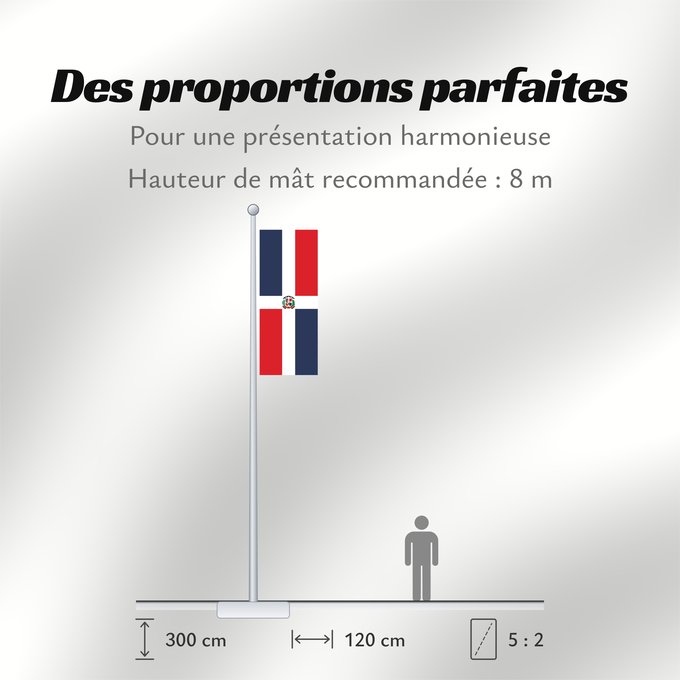 Proportions du drapeau : Dominican Republic	Dominican Republic has a centered white cross that extends to the edges	République dominicaine	Republica Dominicana	Dominikanischen Republik hat ein zentriertes weißes Kreuz	Repubblica Dominicana	Dominicaanse Republiek	Nacional da Repúb
