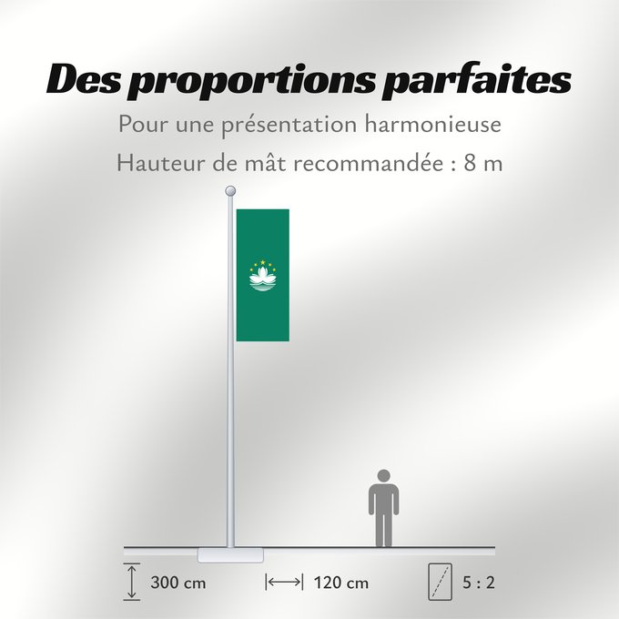 Proportions du drapeau : Macau	Macao	Região Administrativa Especial de Macau	​澳門特別行政區區旗 / Ó̤-muòng Dĕk-biék Hèng-céng-kṳ̆ kṳ̆-gì	Macaa	​澳門特別行政區區旗	​澳門特別行政區區旗 / Àu-mûn Thi̍t-phe̍t Hàng-tsṳn-khî khî-khì	マカオの旗	Aumın	마카오의 旗 / 마카오의 기	​澳門特別行政區之區旗	Флаг Макао	Makao	ئاۋمېن بايرىقى	Прапор А