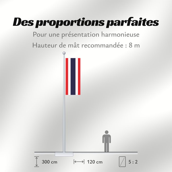 Proportions du drapeau : Thailand	The national flag of Kingdom of Thailand; there are total of 3 colours Red represents the blood spilt to protect Thailand’s independence and often more simply described as representing the nation	Thaïlande	Tailandia desde el año 2017; hay en tota
