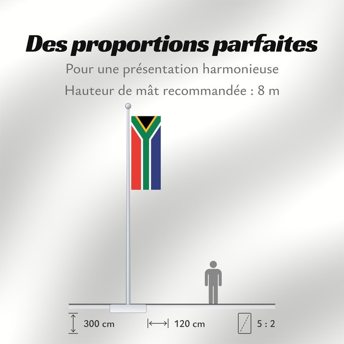 Proportions du drapeau : South Africa	Afrique du Sud	Sudáfrica	Südafrika	Sudafrica	South África Used color National flag | South African Government and Pantone Color Picker      green rendered as RGB 000 119 073Pantone 3415 C      yellow rendered as RGB 255 184 028Pantone 1235 C 