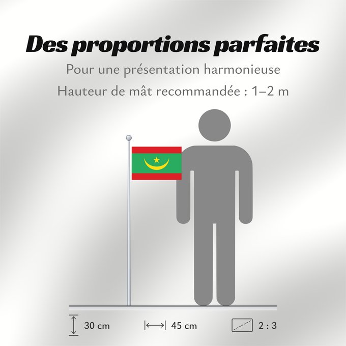 Proportions du drapeau : Mauritania	Mauritanie	La Asamblea Nacional de Mauritania aprobó cambiar el diseño de la bandera nacional	Mauretanien	علم موريتانيا ، اعتمد في عام 2017. أضاف مجلس الأمة خطوطًا حمراء على الحافة العلوية والسفلية لتمثل  دماء شهداء الاستقلال
