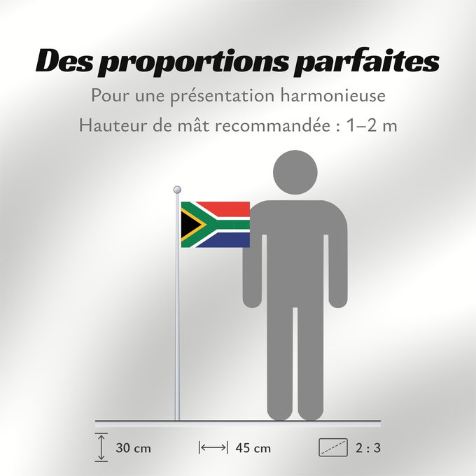 Proportions du drapeau : South Africa	Afrique du Sud	Sudáfrica	Südafrika	Sudafrica	South África Used color National flag | South African Government and Pantone Color Picker      green rendered as RGB 000 119 073Pantone 3415 C      yellow rendered as RGB 255 184 028Pantone 1235 C 