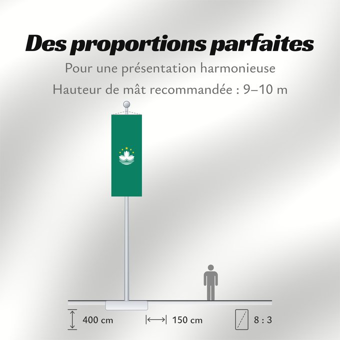 Proportions du drapeau : Macau Macao Região Administrativa Especial de Macau 澳門特別行政區區旗 / Ó̤-muòng Dĕk-biék Hèng-céng-kṳ̆ kṳ̆-gì Macaa 澳門特別行政區區旗 澳門特別行政區區旗 / Àu-mûn Thi̍t-phe̍t Hàng-tsṳn-khî khî-khì マカオの旗 Aumın 마카오의 旗 / 마카오의 기 澳門特別行政區之區旗 Флаг Макао Makao ئاۋمېن بايرىقى Прапор А