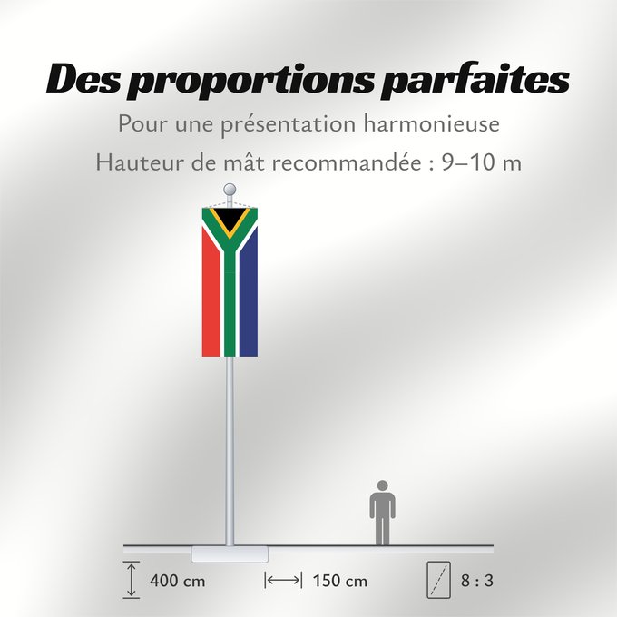 Proportions du drapeau : South Africa Afrique du Sud Sudáfrica Südafrika Sudafrica South África Used color National flag | South African Government and Pantone Color Picker green rendered as RGB 000 119 073Pantone 3415 C yellow rendered as RGB 255 184 028Pantone 1235 C