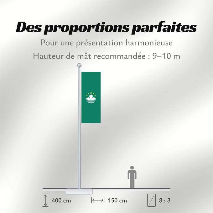 Proportions du drapeau : Macau	Macao	Região Administrativa Especial de Macau	​澳門特別行政區區旗 / Ó̤-muòng Dĕk-biék Hèng-céng-kṳ̆ kṳ̆-gì	Macaa	​澳門特別行政區區旗	​澳門特別行政區區旗 / Àu-mûn Thi̍t-phe̍t Hàng-tsṳn-khî khî-khì	マカオの旗	Aumın	마카오의 旗 / 마카오의 기	​澳門特別行政區之區旗	Флаг Макао	Makao	ئاۋمېن بايرىقى	Прапор А