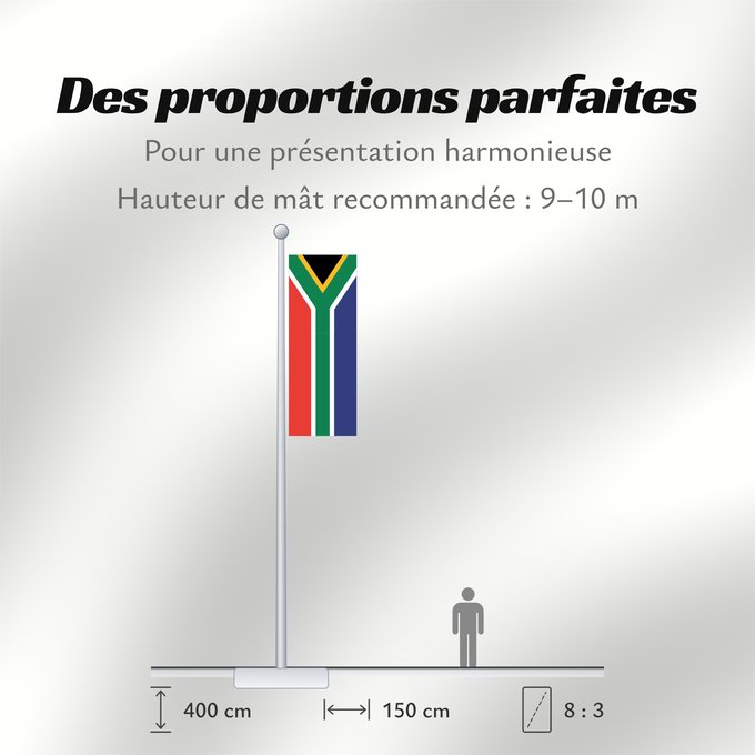 Proportions du drapeau : South Africa	Afrique du Sud	Sudáfrica	Südafrika	Sudafrica	South África Used color National flag | South African Government and Pantone Color Picker      green rendered as RGB 000 119 073Pantone 3415 C      yellow rendered as RGB 255 184 028Pantone 1235 C 