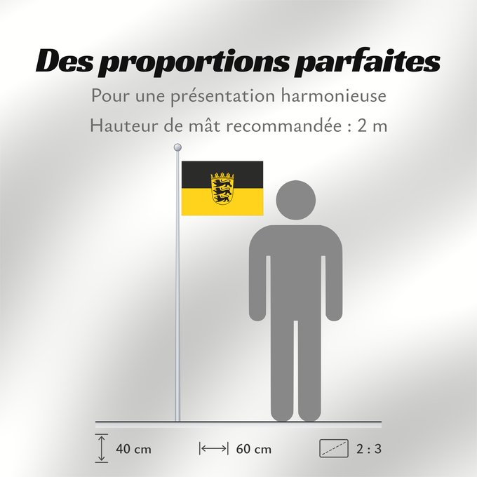 Proportions du drapeau : Baden-Württemberg  state, lesser arms	State flag with lesser arms of Baden-Württemberg	Bade-Wurtemberg	Baden-Wurtemberg[	Landesdienstflagge Baden-Württembergs mit kleinem Landeswappen	Baden-Württemberg
