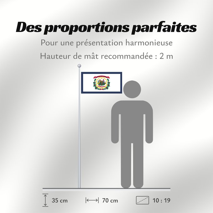 Proportions du drapeau : West Virginia Virginie-Occidentale Virginia Occidental Virginia Occidentale ᏫᏍᎧᏂᏏᏂ ᎦᏓᏘ Wilikinia Komohana Virginia Occidentalis Eʼeʼaahjí Bijiniyah Hahoodzo bidah naatʼaʼí Wescht Wirschini Флаг Западной Виргинии Застава Западне Вирџиније
