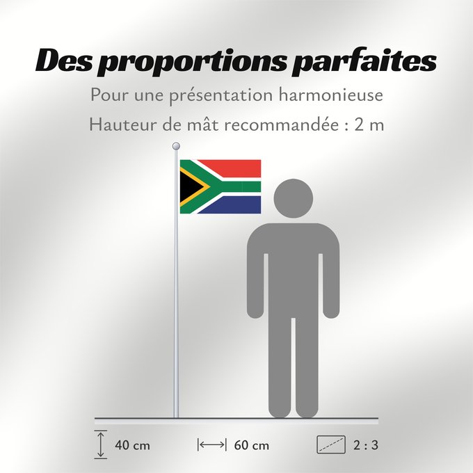 Proportions du drapeau : South Africa	Afrique du Sud	Sudáfrica	Südafrika	Sudafrica	South África Used color National flag | South African Government and Pantone Color Picker      green rendered as RGB 000 119 073Pantone 3415 C      yellow rendered as RGB 255 184 028Pantone 1235 C 