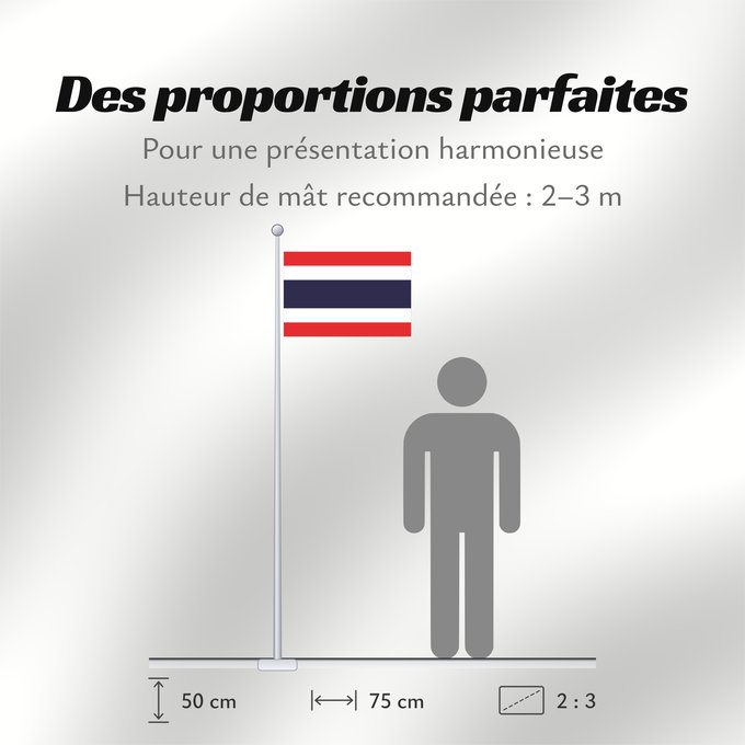 Proportions du drapeau : Thailand	The national flag of Kingdom of Thailand; there are total of 3 colours Red represents the blood spilt to protect Thailand’s independence and often more simply described as representing the nation	Thaïlande	Tailandia desde el año 2017; hay en tota