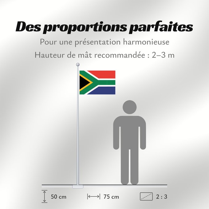 Proportions du drapeau : South Africa Afrique du Sud Sudáfrica Südafrika Sudafrica South África Used color National flag | South African Government and Pantone Color Picker green rendered as RGB 000 119 073Pantone 3415 C yellow rendered as RGB 255 184 028Pantone 1235 C