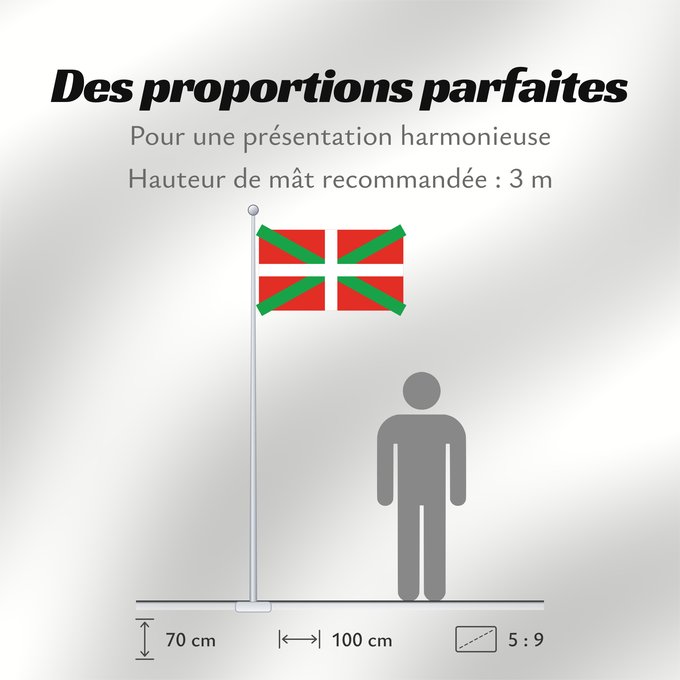 Proportions du drapeau : Basque Country	Autonomous region of the Basque Country A white cross over a green saltire on a red field	Basque Country	Ikurriña Bandera de la Comunidad autónoma del País Vasco	Autonomen Region Baskenland Ein weißes Kreuz über grünem Andreaskreuz auf rote