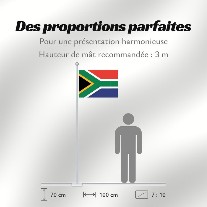 Proportions du drapeau : South Africa Afrique du Sud Sudáfrica Südafrika Sudafrica South África Used color National flag | South African Government and Pantone Color Picker green rendered as RGB 000 119 073Pantone 3415 C yellow rendered as RGB 255 184 028Pantone 1235 C