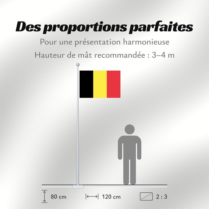 Proportions du drapeau : Belgium  civil	The civil ensign and flag of Belgium	Belgique	Bélgica	Belgien	Belgio	België in de verhouding 2 3, gebruikt als civiele vlag en de facto nationale vlag	Belgii	Belgiens	Civilna zastava Belgije	Флаг Бельгии