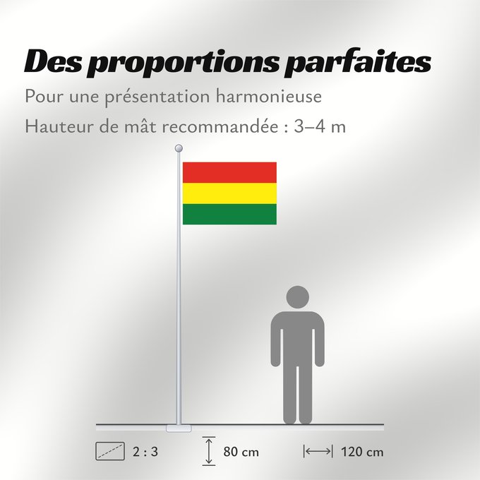 Proportions du drapeau : Bolivia	Bolivie	Bolivien	Bolivia Flag of Bolivia* country Template I18n/Republic of Bolivia used by Bolivia from 1851 until Present created by Government of Bolivia format 15 22 shape rectangular colours red