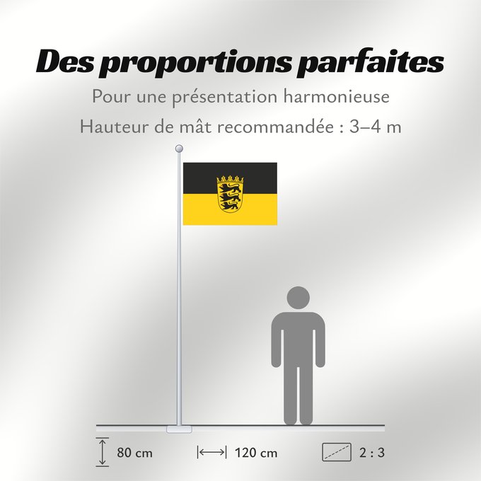 Proportions du drapeau : Baden-Württemberg  state, lesser arms	State flag with lesser arms of Baden-Württemberg	Bade-Wurtemberg	Baden-Wurtemberg[	Landesdienstflagge Baden-Württembergs mit kleinem Landeswappen	Baden-Württemberg
