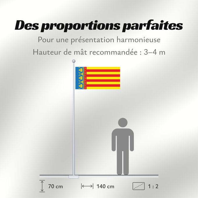 Proportions du drapeau : Land of Valencia  official	Land of Valencia, 1 2 ratio	Valencia Community	Comunidad Valenciana, proporciones 1 2	Valencian Community	Comunità Valenciana	D o Comunidat Balenziana	Comunidá Valenciana	Comunitat Valenciana, proporcions 1 2	Valentziako Erkideg