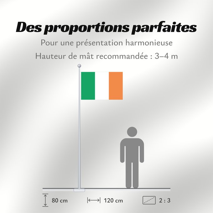 Proportions du drapeau : Ireland	Note that the green portion of the flag was designed to represent the majority Catholic residents of the island	La partie verte du drapeau représente la majorité catholique de l île	Es notable el hecho que la parte verde de la bandera representa l
