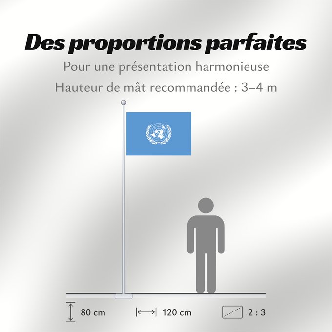 Proportions du drapeau : United Nations United Nations, UN Nations unies Naciones Unidas Vereinten Nationen Nazioni Unite, ONU Verenigde Naties Das nações unidas Organizacji Narodów Zjednoczonych ONZ علم الأمم المتحدة Сцяг Арганізацыі Аб яднаных Нацый Сьцяг Арганізацыі Аб яднаны