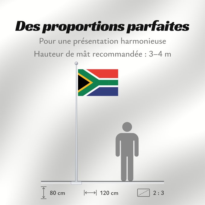 Proportions du drapeau : South Africa	Afrique du Sud	Sudáfrica	Südafrika	Sudafrica	South África Used color National flag | South African Government and Pantone Color Picker      green rendered as RGB 000 119 073Pantone 3415 C      yellow rendered as RGB 255 184 028Pantone 1235 C 