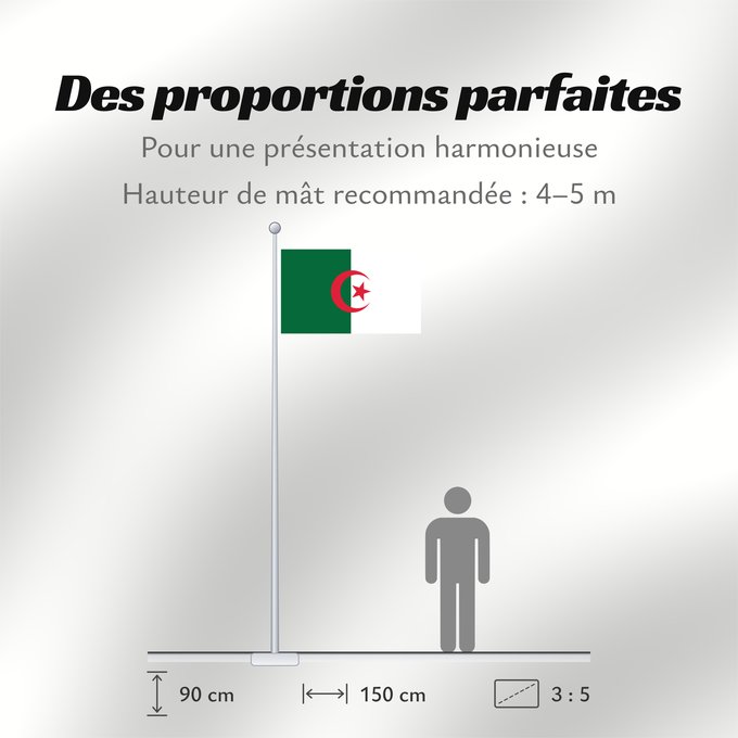 Proportions du drapeau : Algeria L Algérie Argelia Algerien Dell Algeria Algerije Argélia Algierii Vo Algérie علم الجزائر Σημαία της Αλγερίας Alĝerio Algerian דגל אלג יריה Algéria Aljazair アルジェリアの国旗 Asenǧaq n Dzayer 알제리의 국기 Drapèu d Argeria Флаг Алжира Alžirije Algeriets ⴰⵏⴰⵢ ⴰⴷⵣ