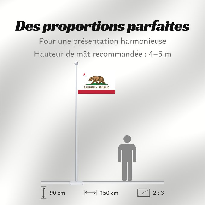 Proportions du drapeau : California Californie Kalifornien Californië ᎠᏕᎳᏧᏢᎢ ᎦᏓᏘ Ka hae Kaleponi דגל מדינת קליפורניה Californiae Ahééháshį́į́h Hahoodzo bidah naatʼaʼí Флаг Калифорнии Američke savezne države Kalifornije ⴰⵙⴻⵏⵢⴰⵍ ⵏ ⴽⴰⵍⵉⴼⵓⵕⵏⵢⴰ