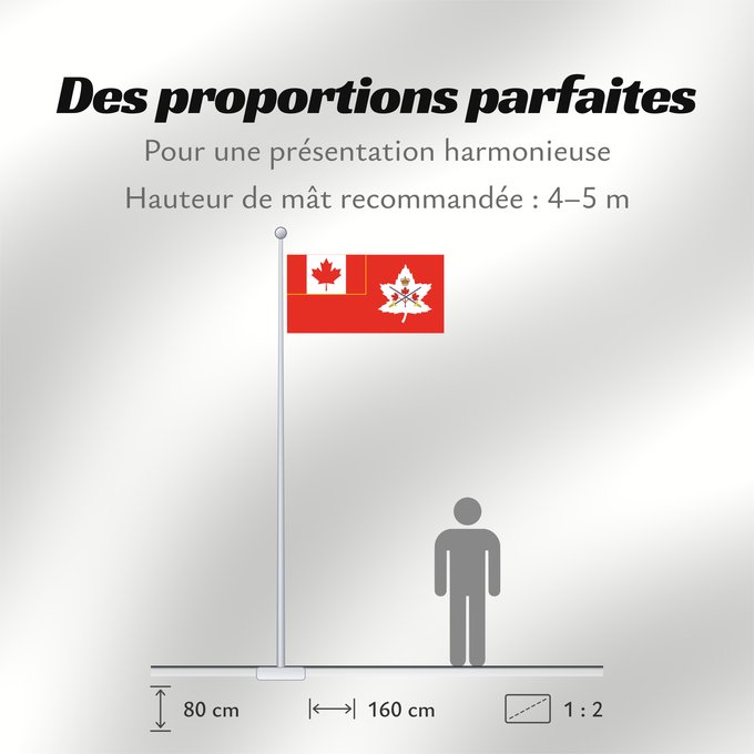Proportions du drapeau : Canadian Army	Canadian Army, adopted in 14 July 2016	Armée canadienne (adoptée le 14 juillet 2016)	Ejército Canadiense (adoptado 14 de julio de 2016)	Kanadische Armee (angenommen 14. Juli 2016)	Esercito Canadese (adottato il 14 luglio 2016)