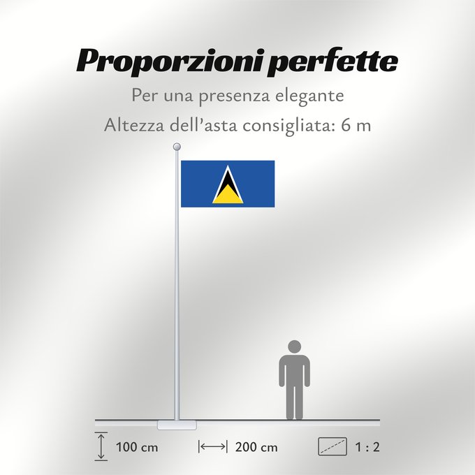 Proporzioni della bandiera: Saint Lucia 1979–2002 Saint Lucia, 1979 Sainte-Lucie (1979–2002) Santa Lucía (1979–2002) Saint Lucia (1979–2002) Santa Lucia (1979–2002)