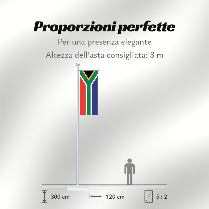 Proporzioni della bandiera: South Africa Afrique du Sud Sudáfrica Südafrika Sudafrica South África Used color National flag | South African Government and Pantone Color Picker green rendered as RGB 000 119 073Pantone 3415 C yellow rendered as RGB 255 184 028Pantone 1235 C