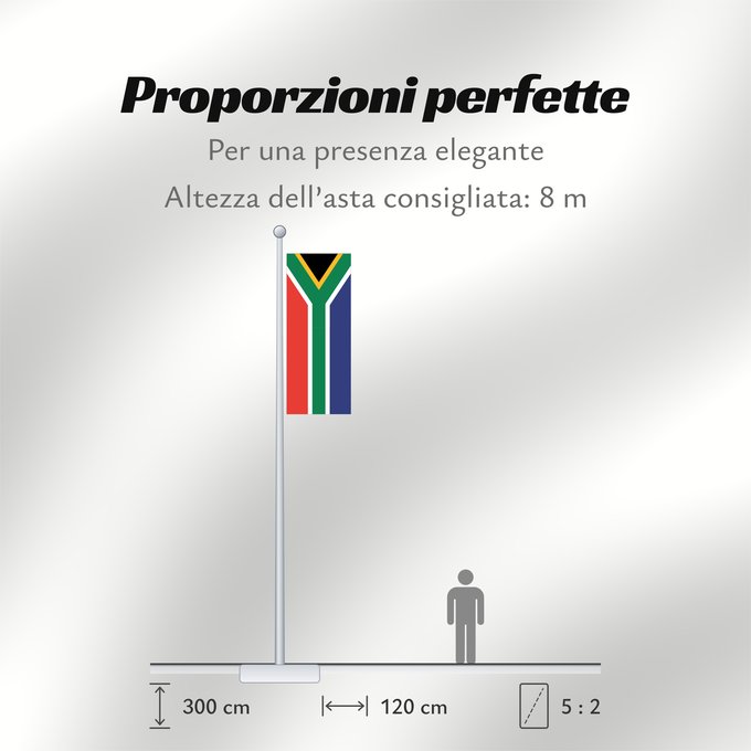 Proporzioni della bandiera: South Africa Afrique du Sud Sudáfrica Südafrika Sudafrica South África Used color National flag | South African Government and Pantone Color Picker green rendered as RGB 000 119 073Pantone 3415 C yellow rendered as RGB 255 184 028Pantone 1235 C