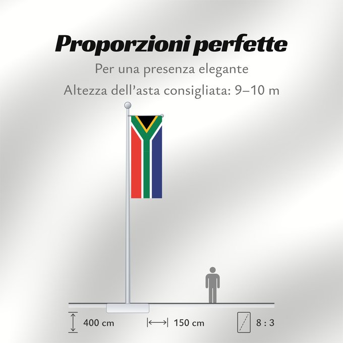 Proporzioni della bandiera: South Africa Afrique du Sud Sudáfrica Südafrika Sudafrica South África Used color National flag | South African Government and Pantone Color Picker green rendered as RGB 000 119 073Pantone 3415 C yellow rendered as RGB 255 184 028Pantone 1235 C